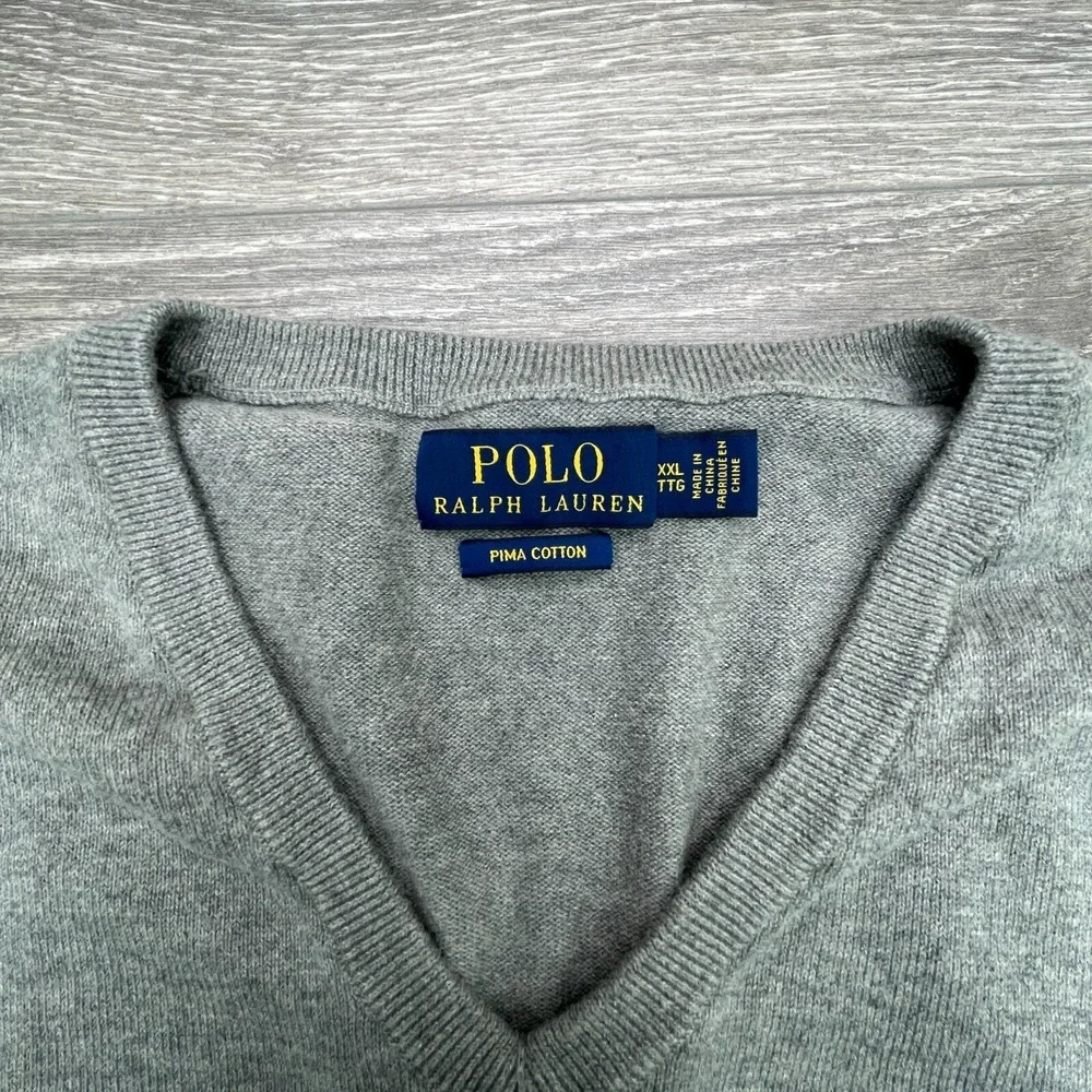 Polo Sweater Mens 2XL Gray Pony Pima Cotton Academia Minimalist V Neck Preppy